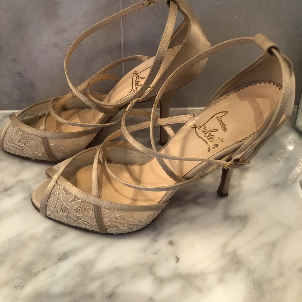 Christian Louboutin cream satin and lace heels